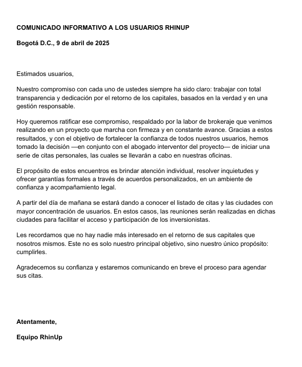 Comunicado Estafa RhinUp Colombia 9 de Abril 2025